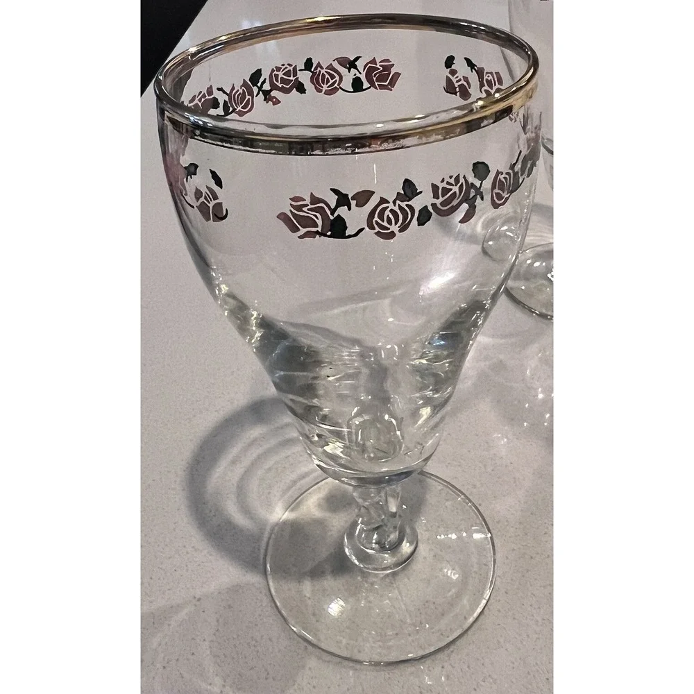 Rare Pink Rose Gold Trim Water‎ Goblets Drinking Glasses Set Of 3